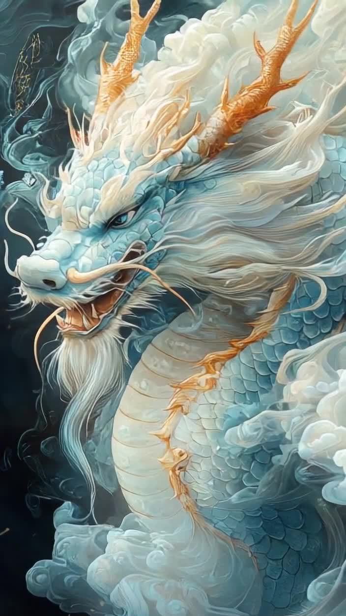 水蓝色巨龙腾云驾雾，金色龙角与须发飘逸。