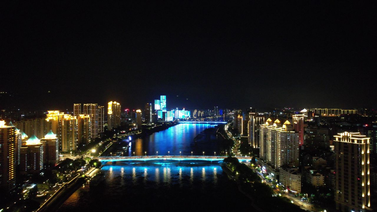 福建福州闽江两岸夜景航拍 
