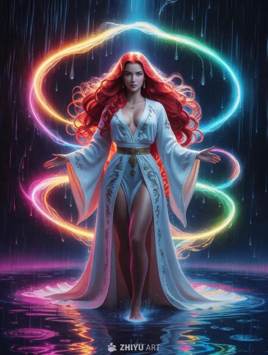 一名女性站在霓虹灯雨中，身穿白色棉质刺绣长袍，留着