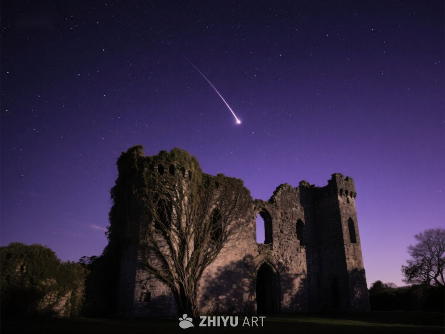 夜空流星划过古老废墟 265