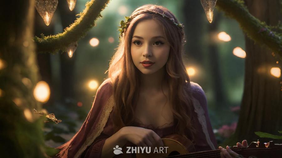 一位头戴花环的年轻女子正在唱歌，她身后是一群观众。