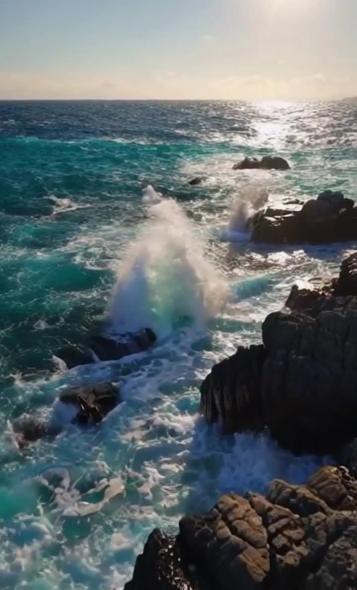 阳光下的礁石海岸与蔚蓝波涛