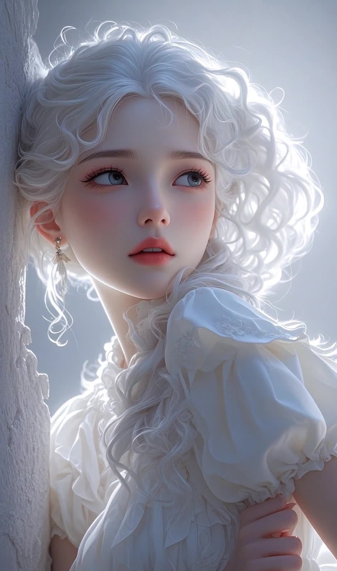 白发卷发少女倚墙，精致蕾丝连衣裙特写。