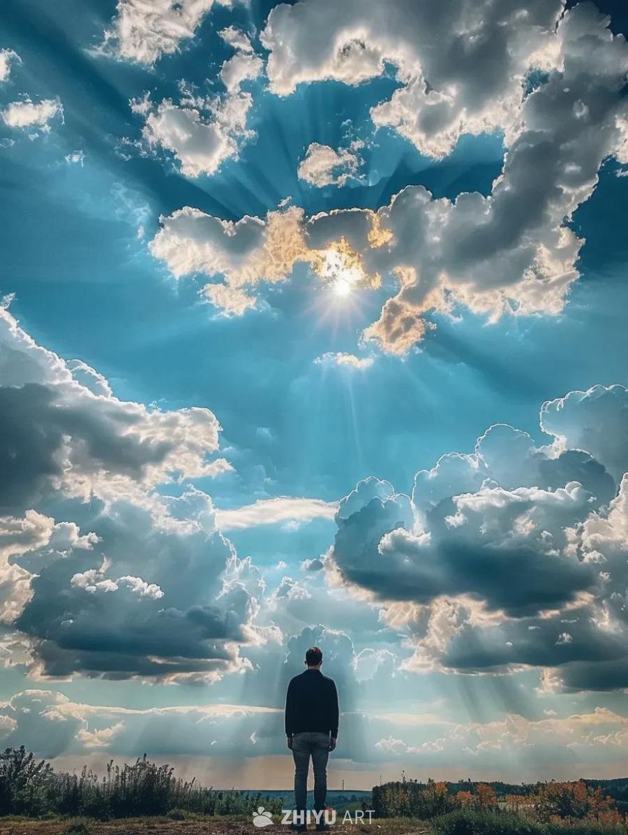 蓝天下，一个人背对着画面站立在草地上。天空中有许多