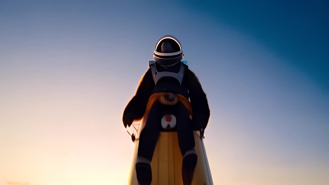 一只穿着太空服的大猩猩坐在一个火箭上，火箭正在冲向