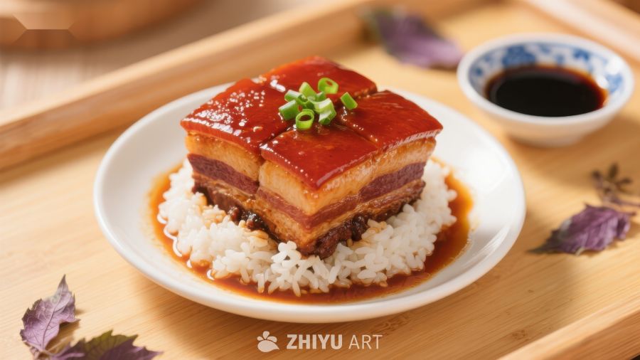 红烧肉盖饭，配以酱油小碟