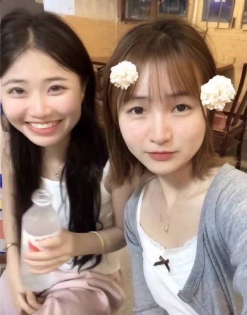 两位年轻女性室内合影，手举“V”字微笑。