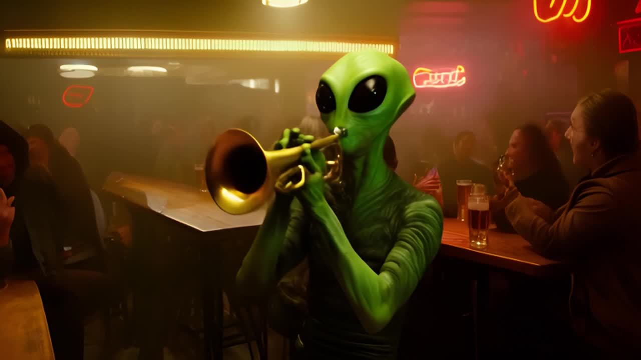 酒吧里有一个绿色皮肤的外星人正在吹奏小号。他周围的