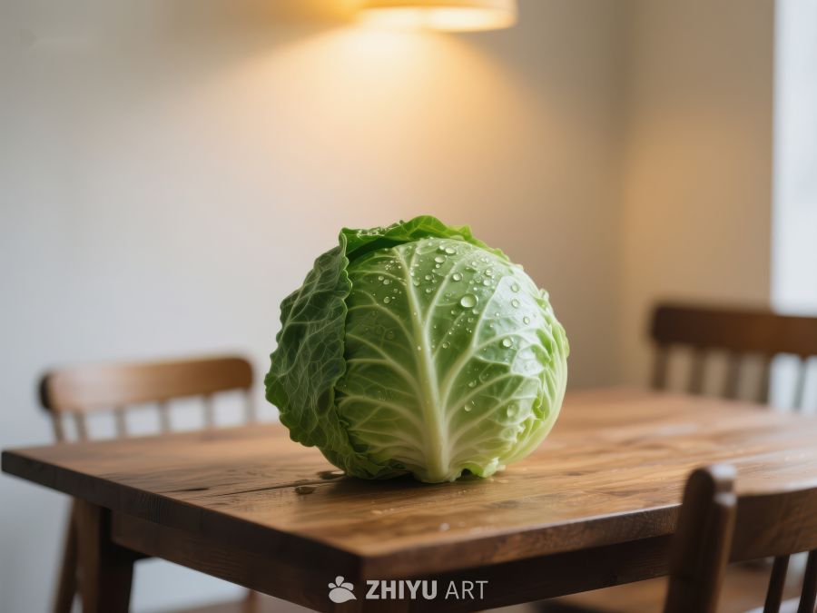 新鲜卷心菜置于木质餐桌之上 453