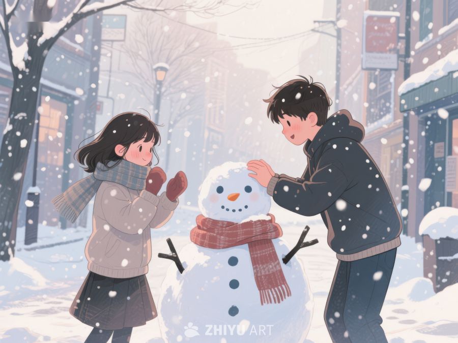 冬日街头，两人共建雪人 66