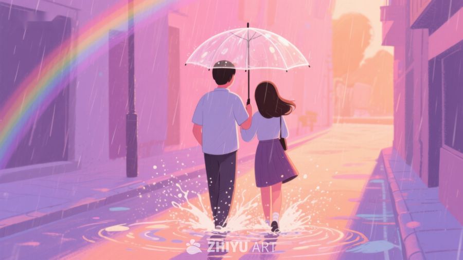 雨中彩虹下的情侣漫步 632