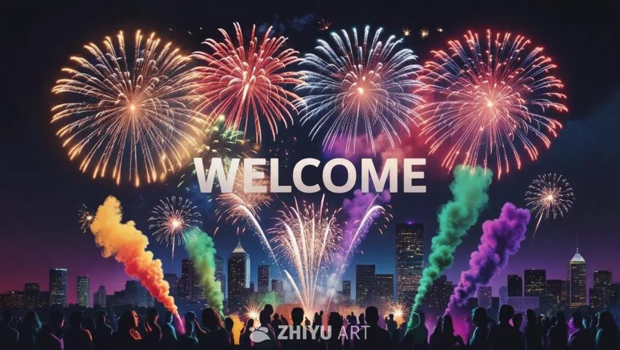 在深蓝色的夜空背景下，绽放着红色、橙色、紫色、绿色