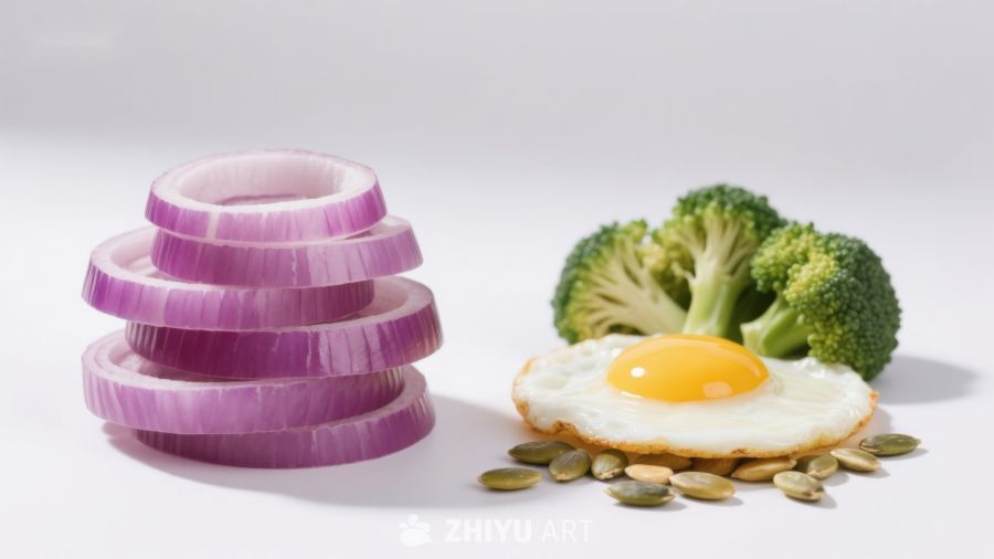 洋葱片、煎蛋与西兰花摆盘