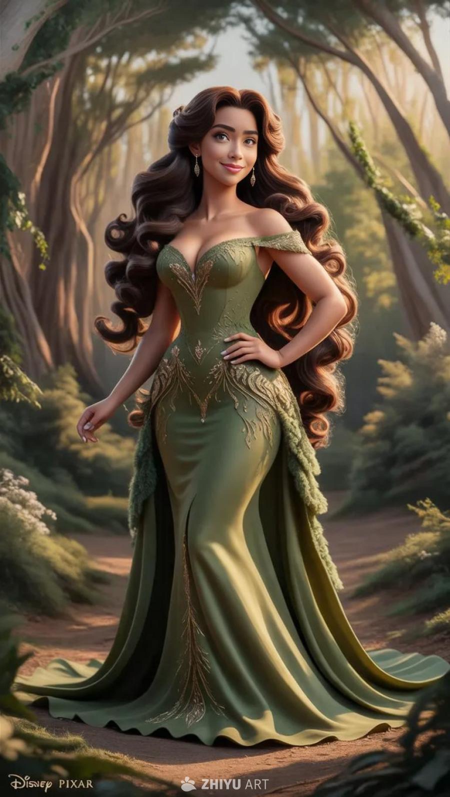 一位留着棕色长发的女性，身穿精致的橄榄绿色连衣裙，