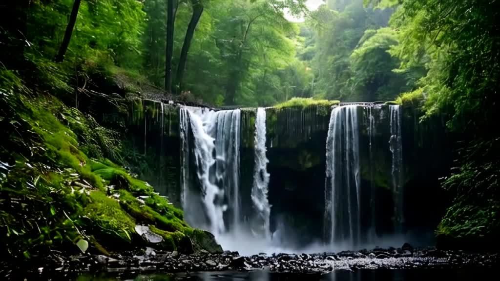 倾盆大雨和瀑布。从覆盖着苔藓的陡峭斜坡上，水流倾泻