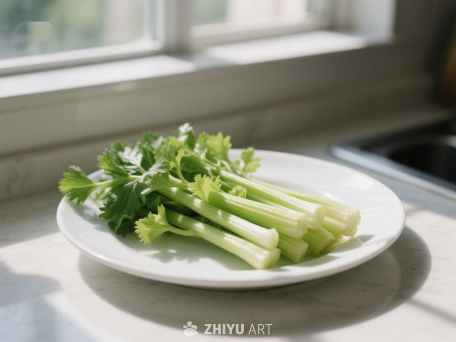 新鲜芹菜置于窗边白盘中 503