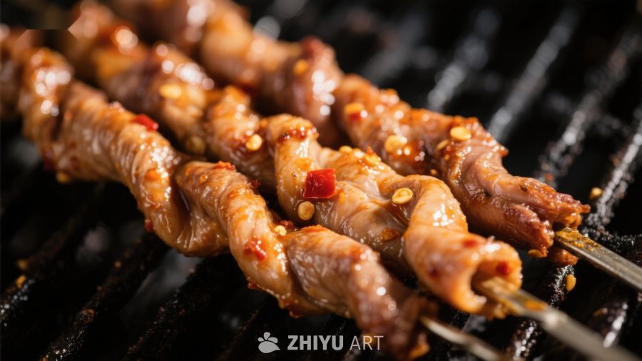 烤肉串上的美味鸡肉正在烧烤