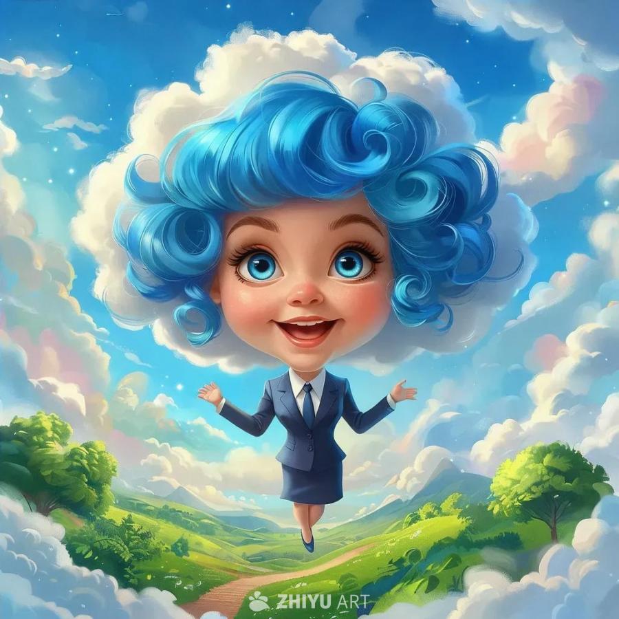 蓝色的天空飘浮着朵朵白云，一个穿着蓝色套装的卡通女