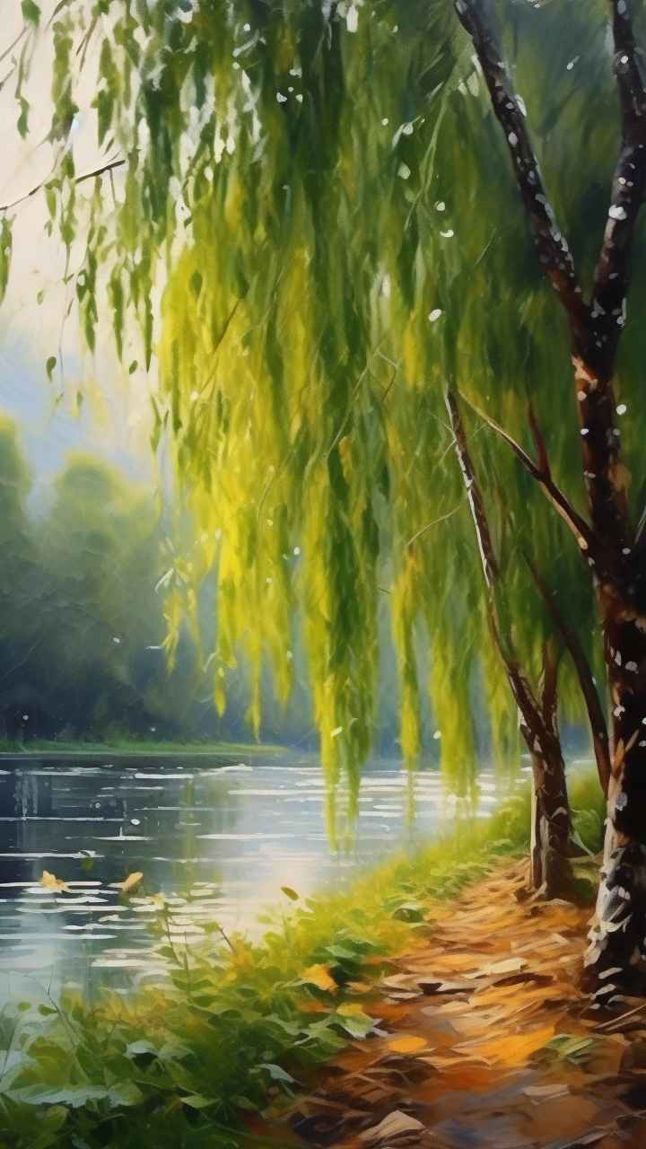 河边柳树插画风景图 18
