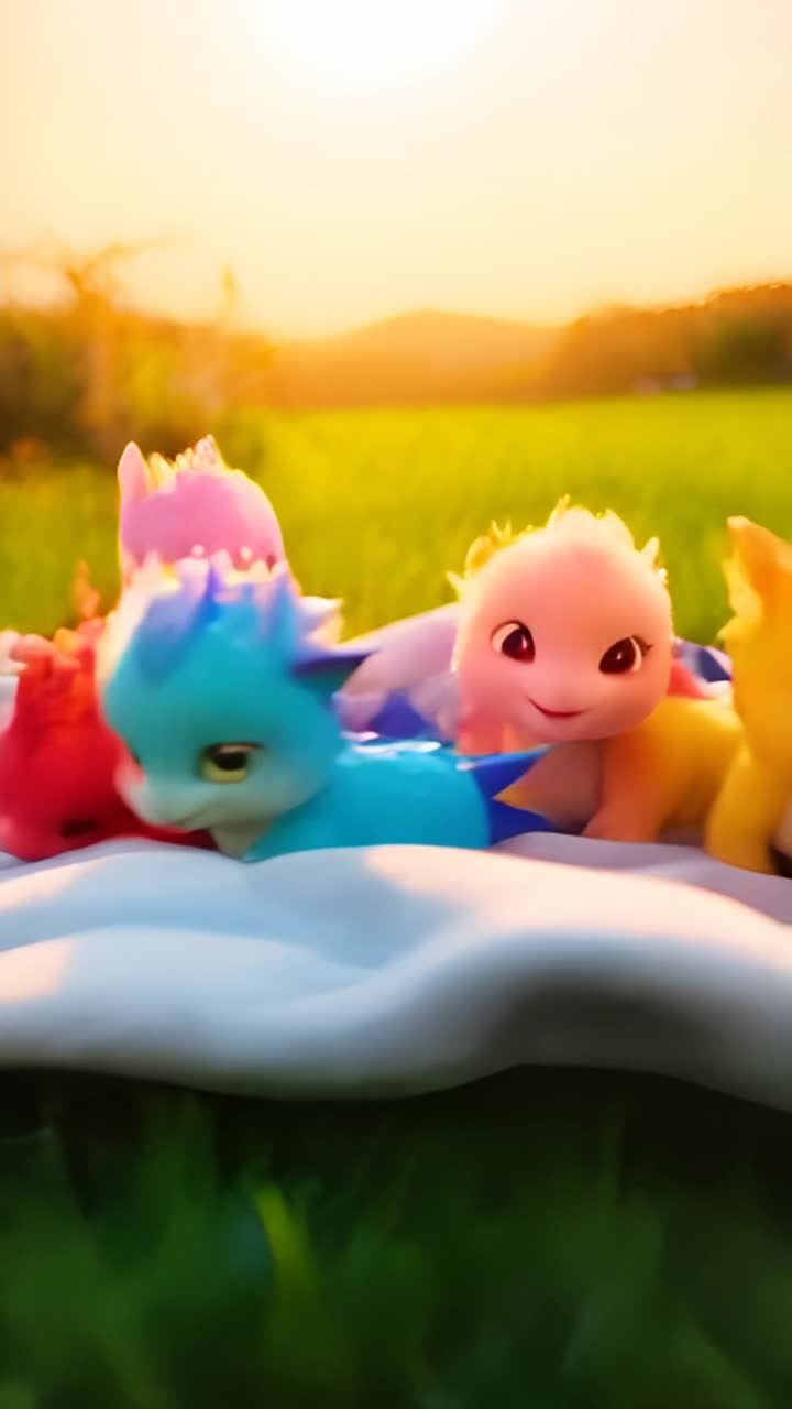 在草地上铺着一条浅色毯子，上面有多个颜色各异的幼龙