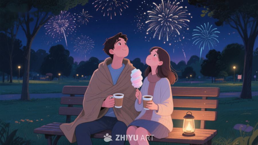 夜空烟花下，情侣温馨共度 583