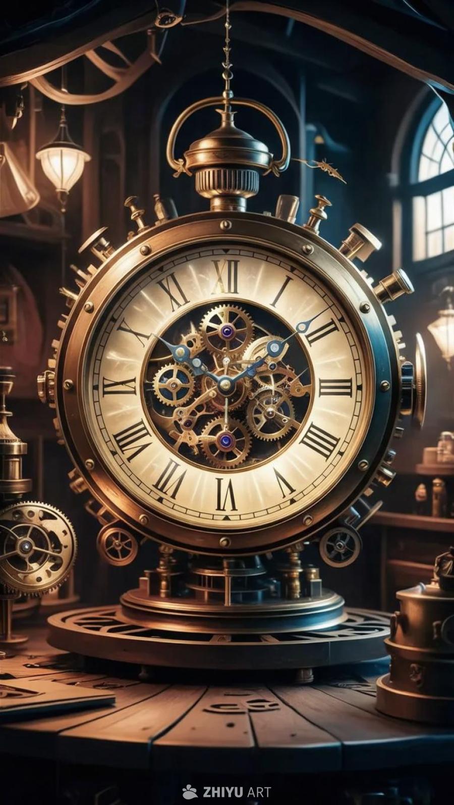 一个巨大的金色时钟位于房间中央，时钟表面是罗马数字
