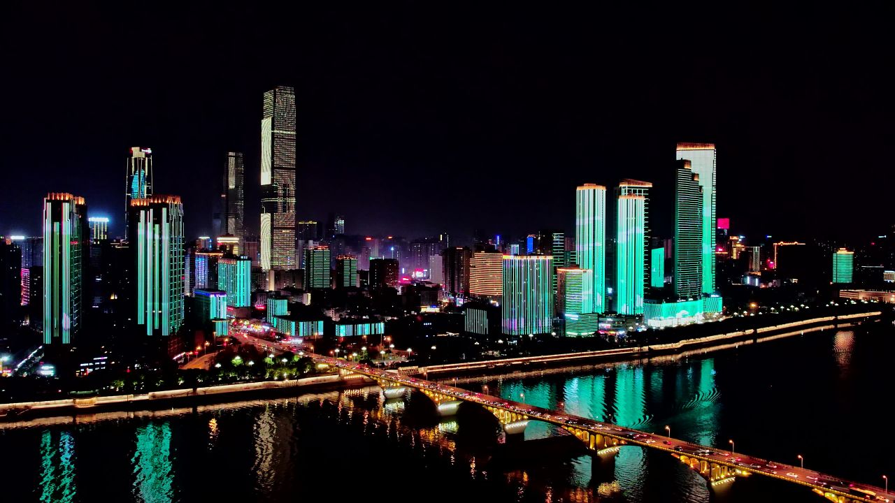 长沙橘子洲大桥市中心城市夜景航拍