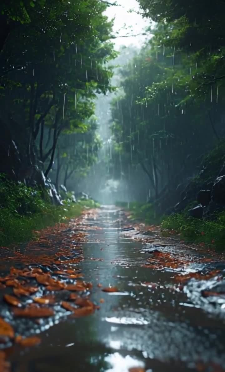 雨中森林小路：湿漉水洼落叶点缀，绿树成荫宁静致远
