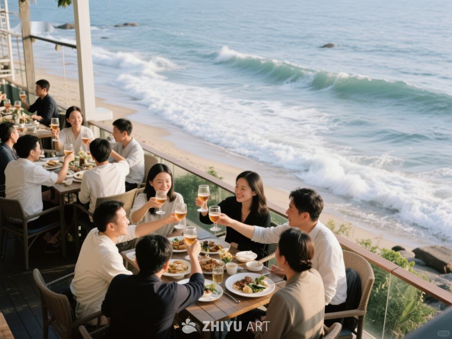 海边餐厅聚餐，众人举杯欢庆 117