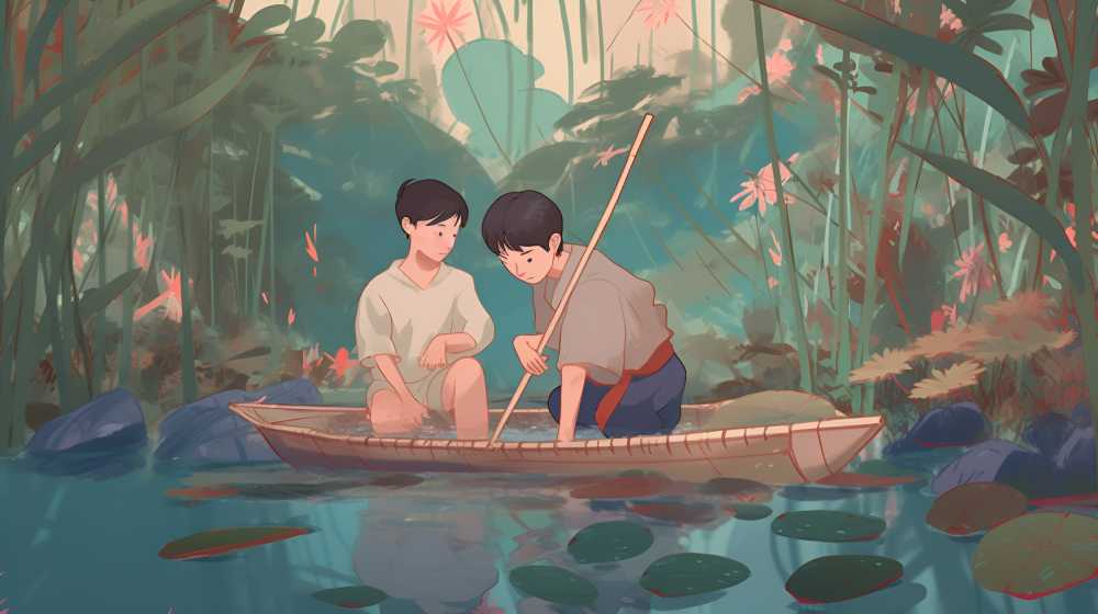 两个男孩湖里抓玩