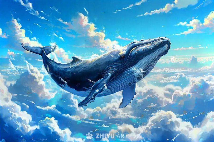一只鲸鱼从云层中向下潜入云海，图像风格为照片、插画