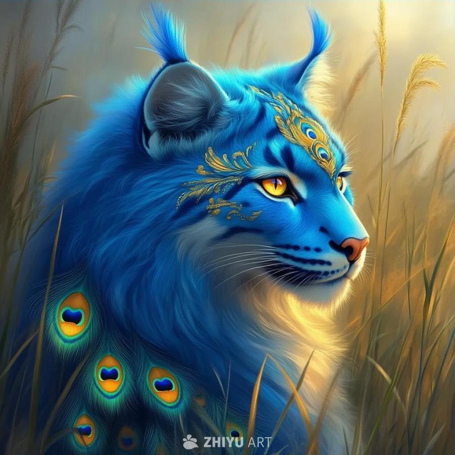 一只奇幻的大猫，长着鲜艳的蓝色毛皮，金色的眼睛，孔