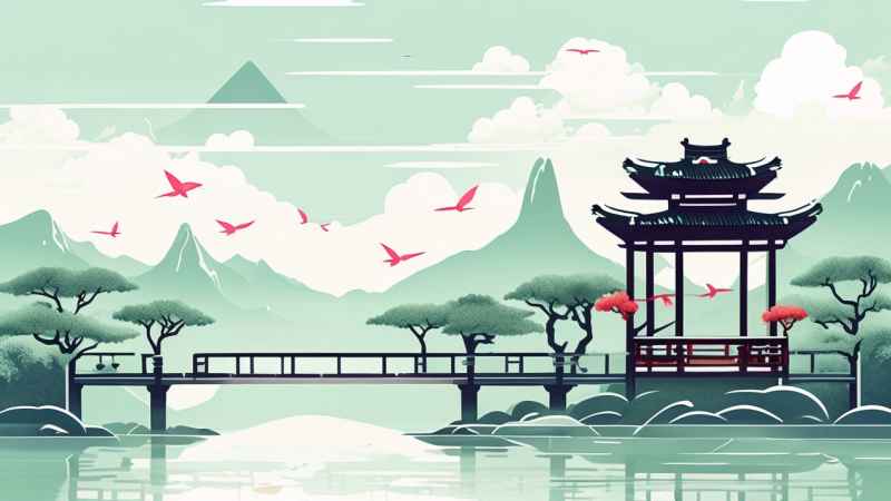 中国画园林植物水亭子插画 32