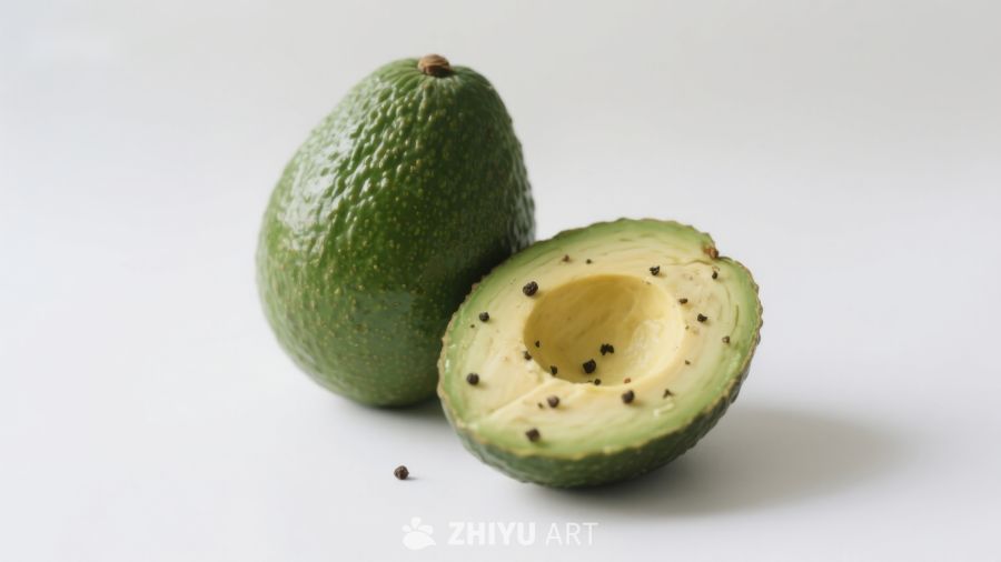新鲜牛油果，一半切开展示