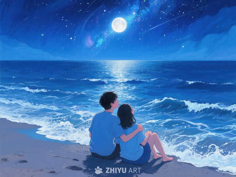月下情侣海边相拥 1123