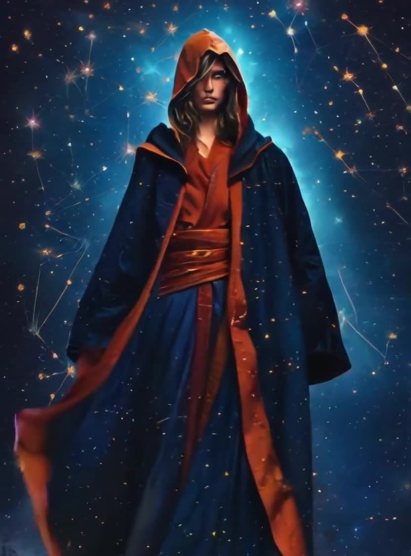 身穿蓝袍戴兜帽的男子与星空星座