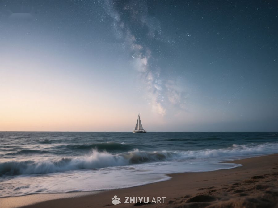 夜空下的帆船与海滩 307