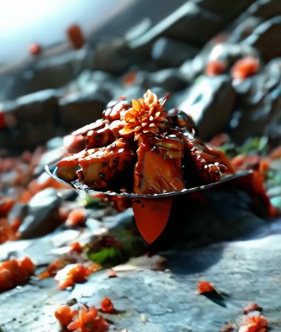 鲜花盛开背景下的诱人糖醋排骨佳肴