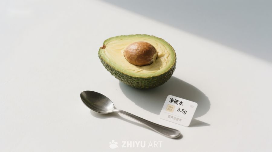 半个牛油果与勺子及标签的静物组合
