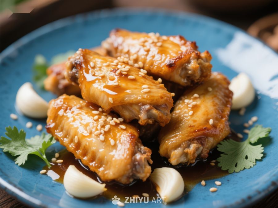 美味烤鸡翅配芝麻和大蒜