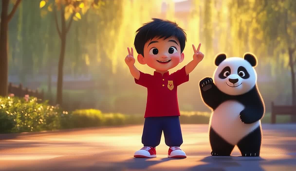一个穿着红色上衣和蓝色裤子的小男孩和一只穿着白色上