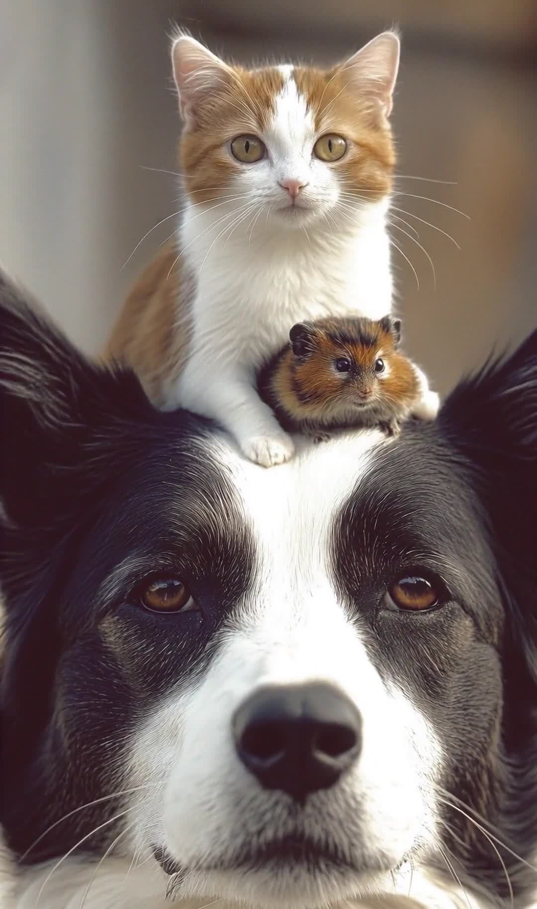 狗头顶仓鼠猫咪叠罗汉合影