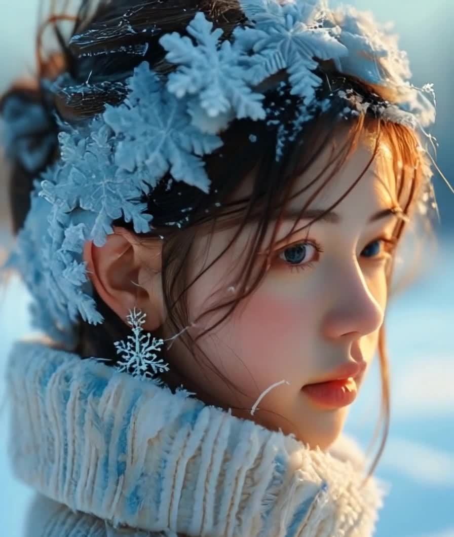 雪花头饰女孩特写，冬日暖阳映衬粉颊红唇。