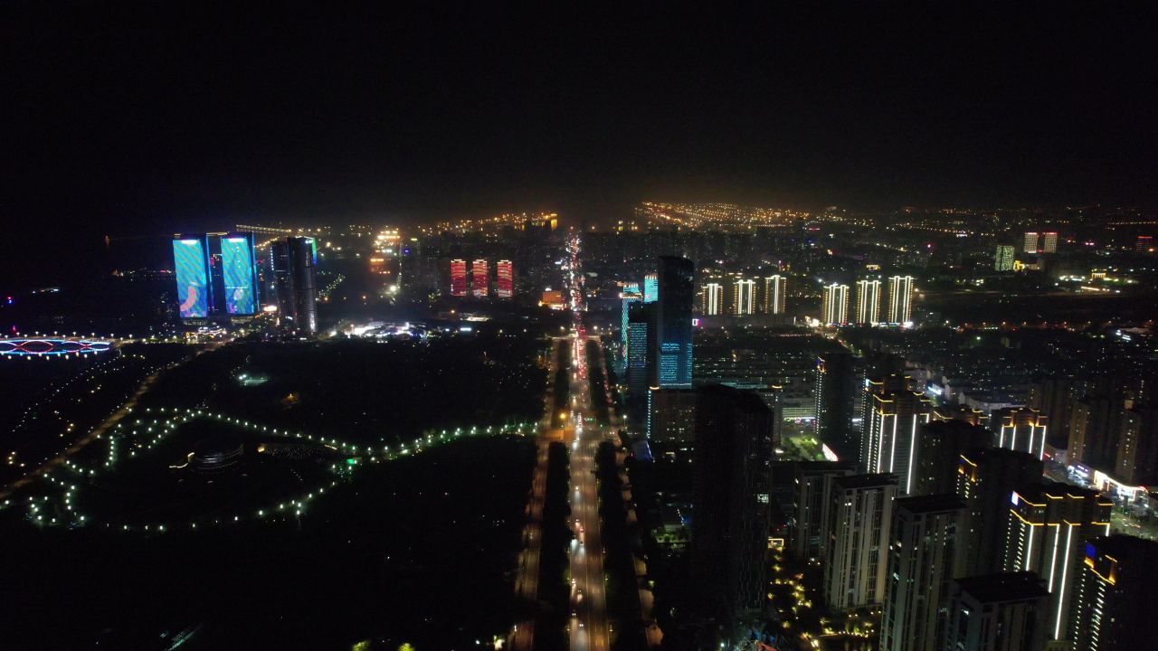 山东日照城市夜景灯光航拍  