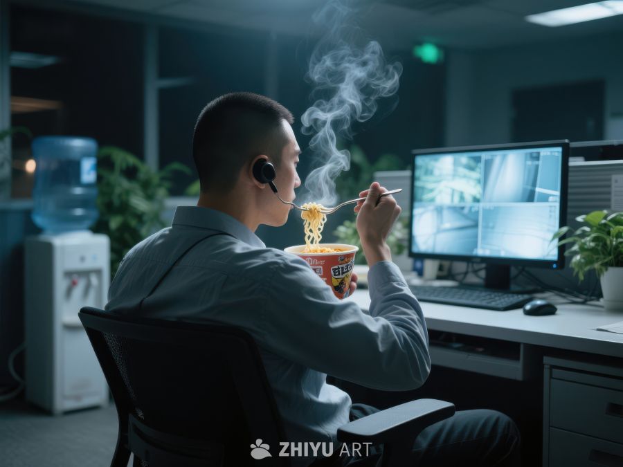 加班职员深夜享用热气腾腾的泡面 174
