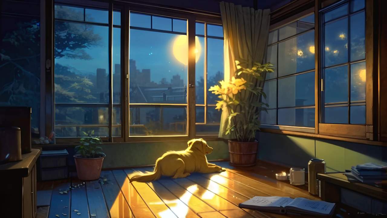 夜晚，一只黄色小狗躺在房间木地板上。旁边放着一本书