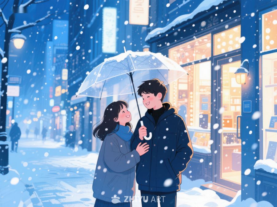 雪夜街头，伞下情侣温馨相依 971