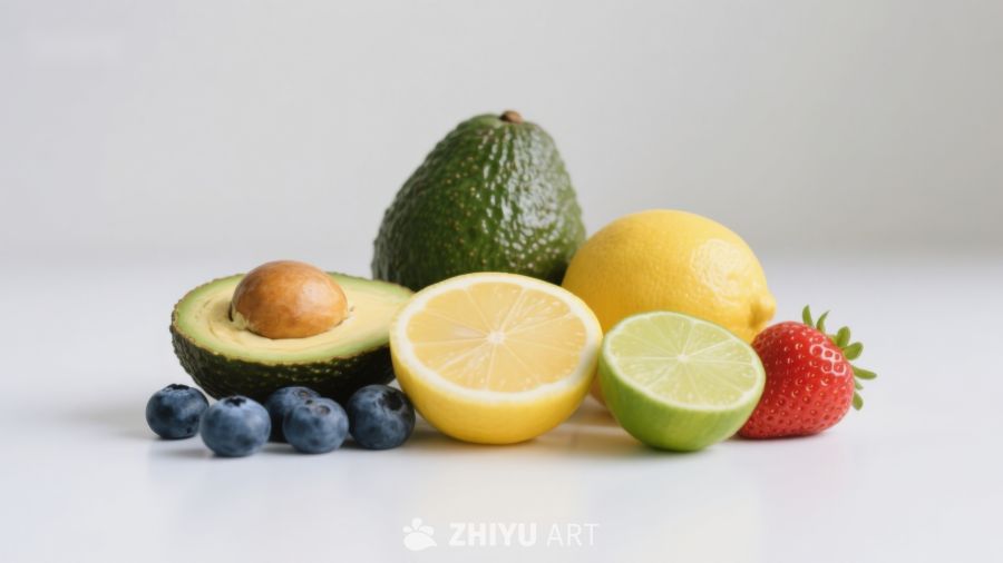 新鲜水果组合：牛油果、柠檬、草莓等