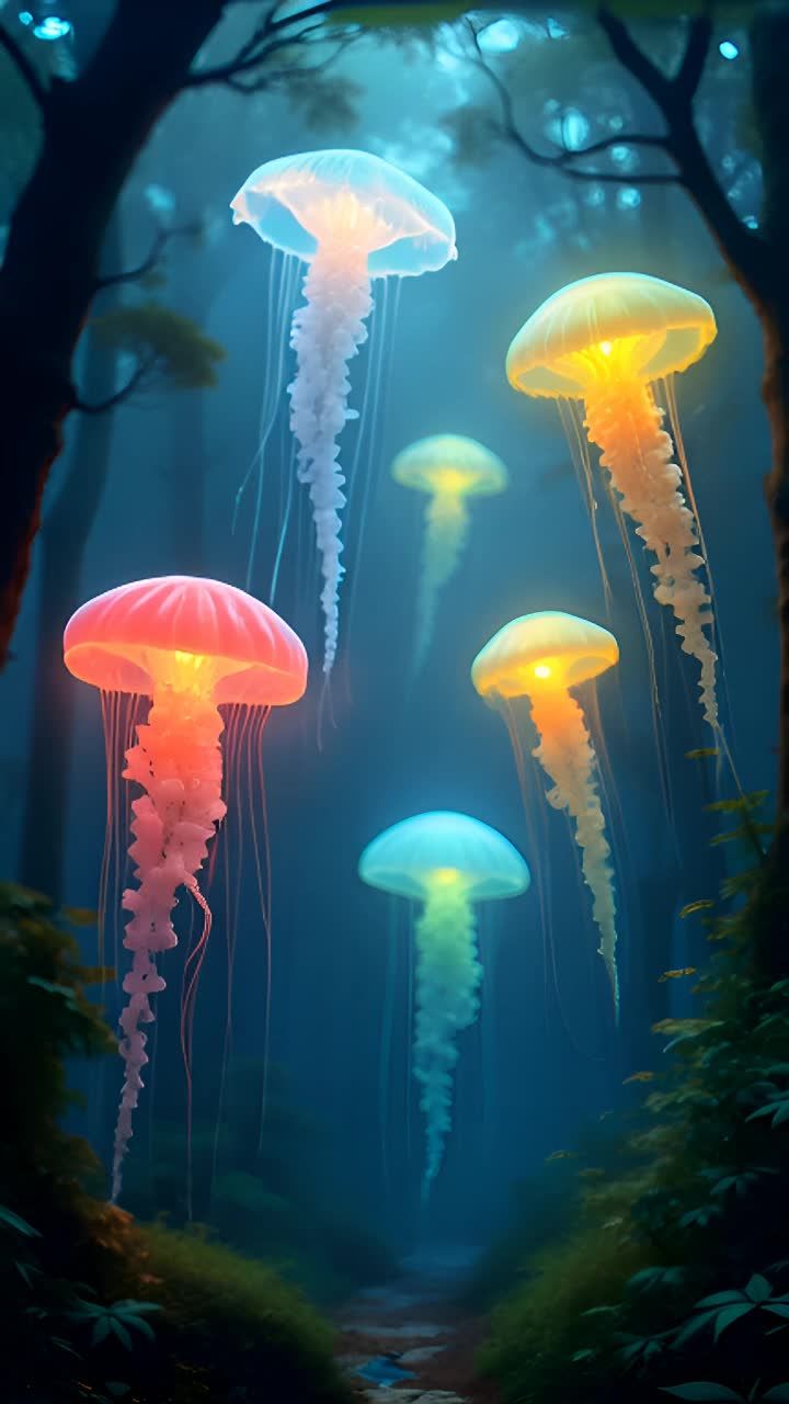 五只水母在树木之间漂浮，它们发出不同颜色的光芒，包