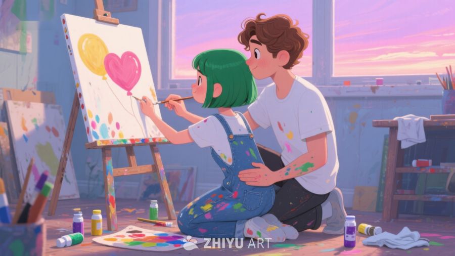 两人在画室共同创作艺术作品 230